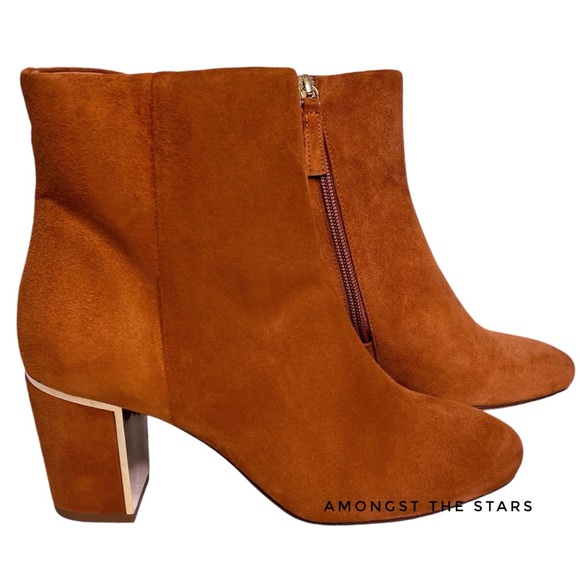 Sezane Lea Camel Brown Suede & Gold Ankle Zipper Boots - Picture 1 of 12